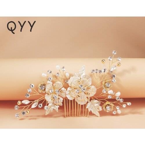 QYY Fashion Bridal Wedding Accessories Crystal Flower Hair Comb Clips for Women Gold Color Hair Jewelry Bride Headpiece Gifts