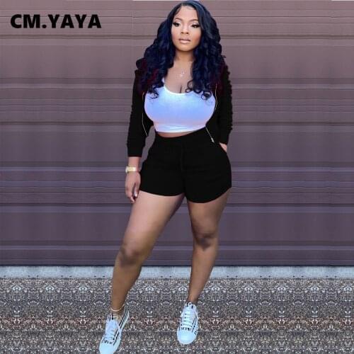 CM.YAYA Women Set Solid Full Sleeve Zip Hooded Crop Tops Pockets Shorts Two 2 Piece Sets Active Tracksuit Summer Outfits 2021
