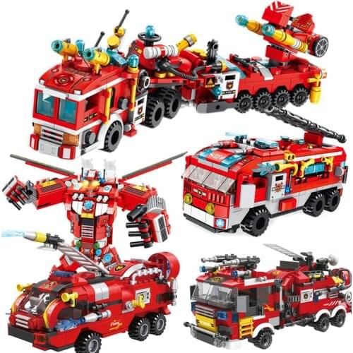 8in1 Fire Fighting Trucks Car Helicopter Boat Building Blocks City Firefighter Firemen Figures Man Bricks Toys For Children Boy