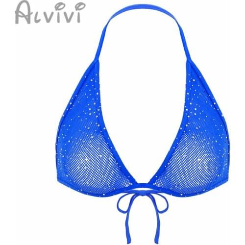 Alvivi Womens triangle bra tops fishnet shiny bikini bra halter neck backless hollow out crop tops sheer bralette mesh bra top