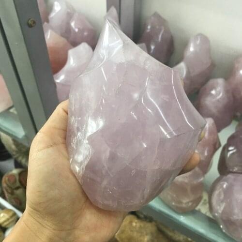 Large size Natural stones and minerals pink rose quartz crystal flame shape standing stone for home & weeding decoration