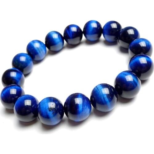 14mm Genuine Natural Blue Tigers Eye Bracelets For Women Men Power Big Crystal Round Bead Bracelet