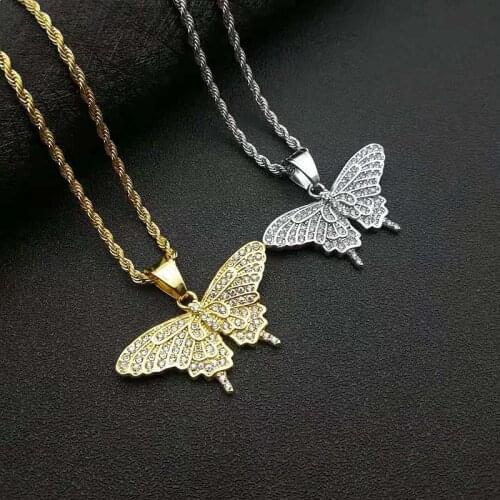 Luxury Iced Out Butterfly Pendant Necklace for Women Gold Color Butterfly Chains Bling Hip Hop Fashion Jewelry Christmas Gift