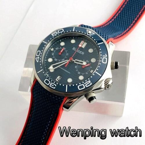 Bliger new 41mm silver case sapphire crystal ceramic bezel blue dial date rubber strap chronograph quartz mens top luxury watch