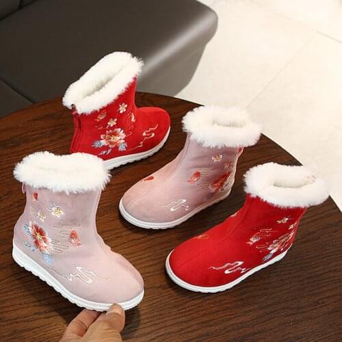 Children Hanfu Boots Girls Embroidered Shoes Winter Chinese Wind Plush Velvet Boots Kids Baby Cloth Shoes Snow Boots with Flower