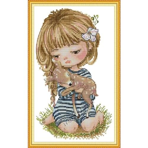 Everlasting Love Girl Holding a Fawn Ecological Cotton Chinese Cross Stitch Kit Printed 11 14CT Stampted Wedding Home Decoration
