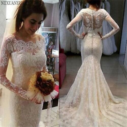Elegant Lace Mermaid Wedding Dresses with Long Sleeve Button Applique White Court Train 2021 Bridal Gowns