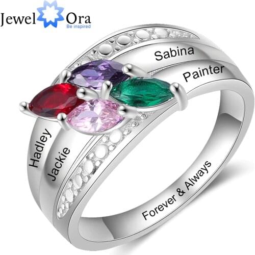 JewelOra Personalized 4 Names Engraved Ring with Birthstone Customize Silver Color Wide Rings for Women Mother Kids Jewelry Gift