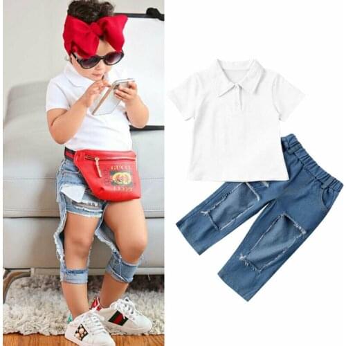 Baby boy clothing set fashion Kids Girls T-shirt turn down collar Tops + Ripped Jeans Trousers Summer Outfits Clothes 2-7 Years
