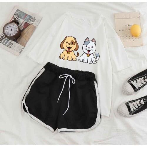 2 Piece Sleepwear Short Set Summer Pajamas Set for Women Loungewear Women Summer Dog and Cat Print Cartoon Pajamas Shorts Pants