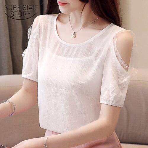 Summer New Solid Color Round Collar Elegant Lady Tops Korean Fashion Short Sleeve Lace Chiffon Blouse Women White Blouse 9033 50