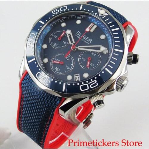 Chronograph 24 hours quartz movement 41mm blue dial sapphire glass date rubber strap mens watch