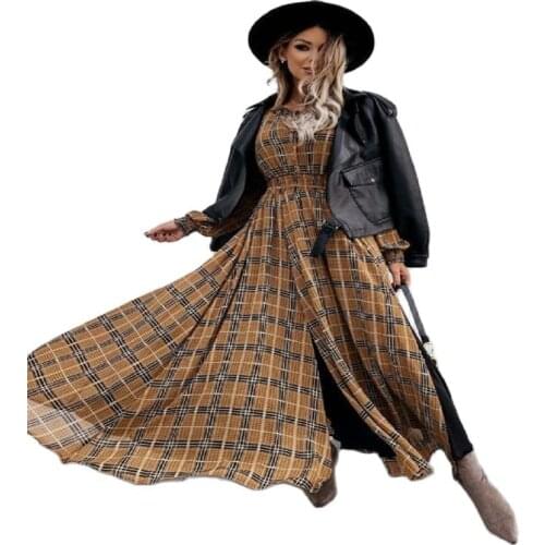2021 New Hot-Selling Ladies Fashion Autumn And Winter New Style Plaid Print Long-Sleeved Waist Split Dress