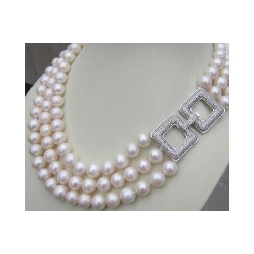 Charming 3 Row AAA natural 8-9mm White Sea South Pearl Necklace 17-19"