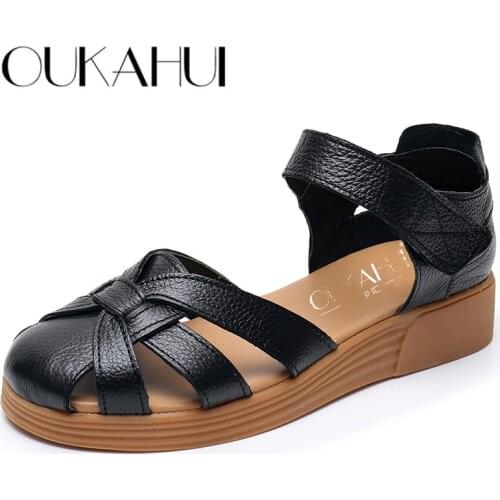 OUKAHUI 2019 Summer Genuine Leather Gladiator Sandals Women Cover Toe Hollow Out Breathable Soft Flat Roman Casual Sandals Woman
