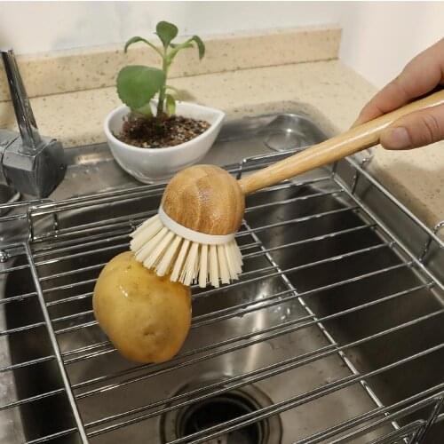 Pot Dish Bowl Brush Cooking Washing Cleaning Brush With Wooden Bamboo Long Handle Cleaning Tool Kitchen Pot Hanging Brush