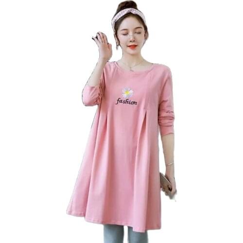 Spring And Autumn Milk Silk Maternity Dress Korean Version Fashion Printed Mid-Length Skirt Solid Color Casual Maternity Clothes