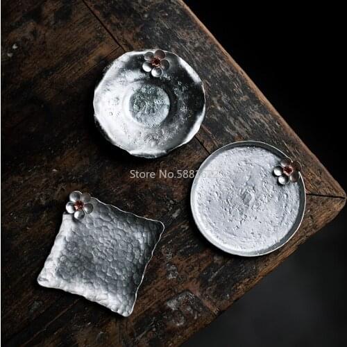 Japanese-style handmade tin-plum coaster tin Kung Fu tea cup holder heat-resistant retro metal saucer tea pot holder