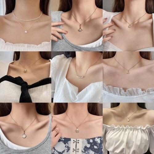 2021 Summer Korean Style Pearl Pendant Necklace Chain Gold Choker Necklace for Women Fashion Jewelry Collar Sweater Chain