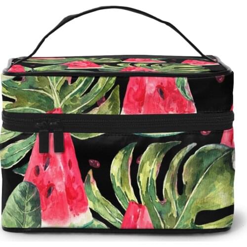 2021 Women Makeup Bag Cosmetic Bags Tropical Leaves And Slices Of Watermelon Ladies Beauty Case Cosmetics Organizer Toiletry Bag