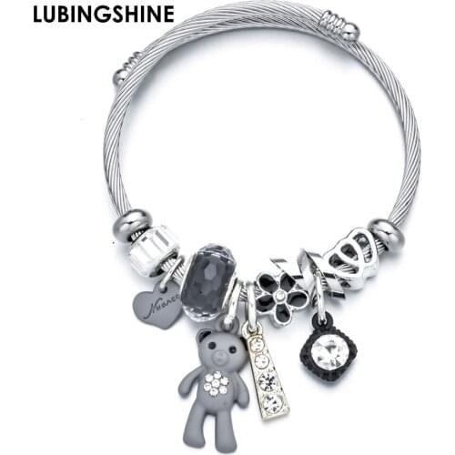 Fashion Ceramic Bear Pendant Stainless Steel Bracelet&Bangle Crystal Bead Love Charms Bracelet for Women Girl Adjustable Jewelry