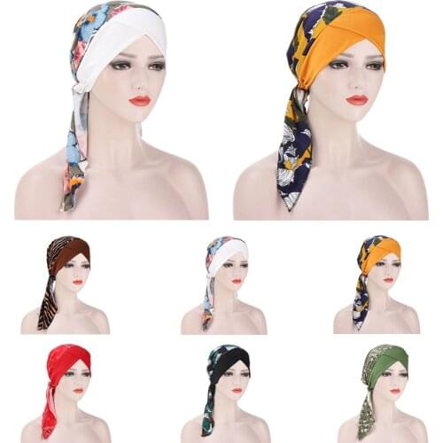 2021 New Women Muslim Fashion Hijab Cancer Chemo Flower Print Hat Turban Head Cover Hair Loss Scarf Wrap Pre-tied Bandana Bonnet