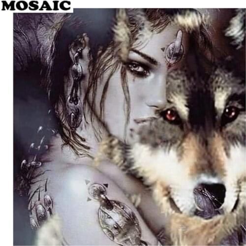 Diamond Embroidery indians woman with wolf pattern Diy 5D Mosaic Diamond Painting Cross Stitch Full Rhinestones Needlework decor