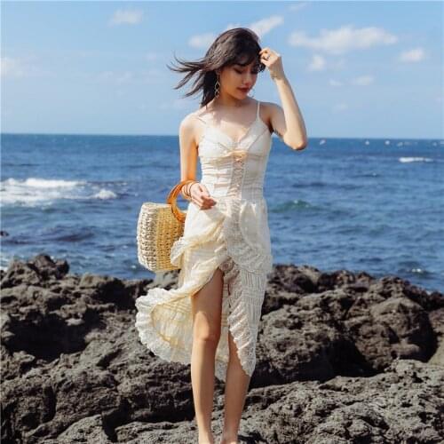 DUISNENA white dress fairy skirt irregular flounced edge dress strap beach women dresses vestidos