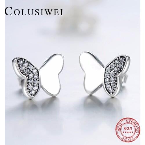 COLUSIWEI Vintage Crystal Butterfly Stud Earrings Fashion Simple Elegant Real Solid 925 Sterling Silver Jewelry For Women Gift