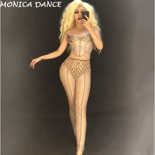 Women Sexy Net Yarn Rivet Sleeveless Jumpsuit Full Sparkling Crystals Bodysuit Nightclub Party Stage Wear Dancer Singer Costumes