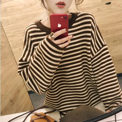 College wind autumn and winter new striped sweater schoolgirl sweet loose-fitting head long-sleeved round-neck knit sweater