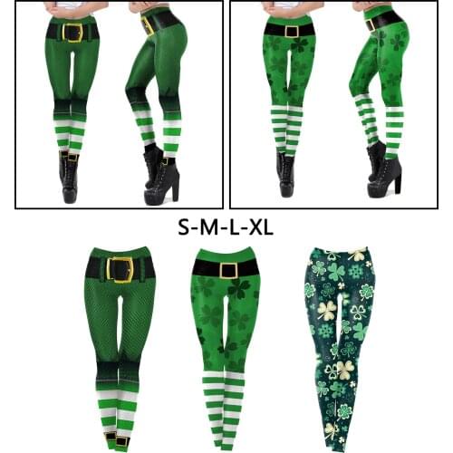 Elastic Women Leggings, Mid Waisted Yoga Pants, 's Day Irish Shamrock Printed Soft Tights Compression Pants