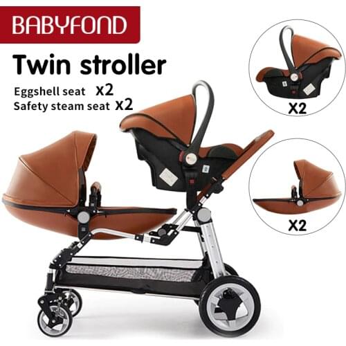 European luxury leather twins stroller 3 in 1 High landscape baby stroller with car seat double kids car for 0-3 years old