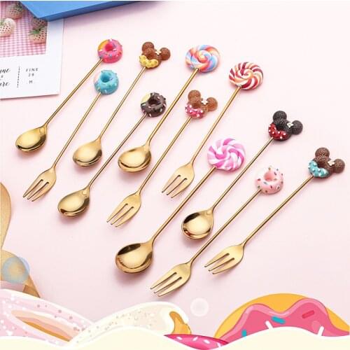 Creative Cartoon Stainless Steel Children Spoon Fork Lollipop Doughnut Macarone Dessert Spoon Fruit Fork