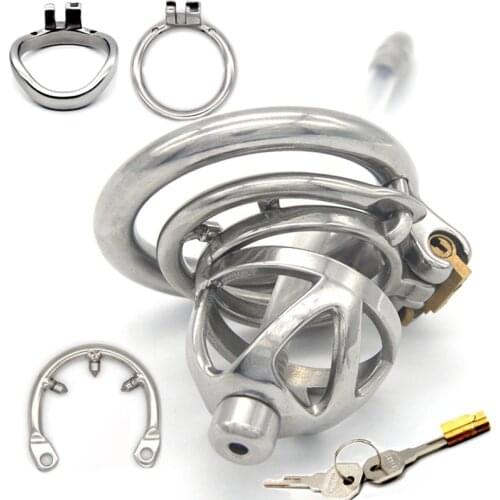 Male Chastity Belt Device Cock Cage Stainless Steel Penis Ring Lock Chastity Cage With Catheter Anti-drop Ring Sex Toys For Men