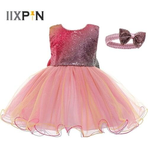 Girls Princess Dress Up Cosplay Party Gowns Girl Flower Dresses With Headband Baby Toddlers Tutu Sequin Dress for Photoshot