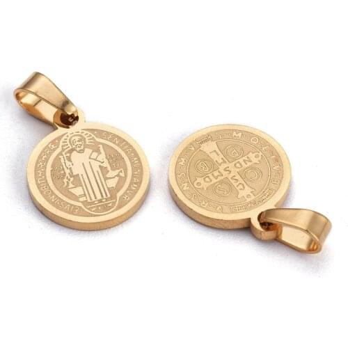 304 Stainless Steel Charms Flat Round with San Benito & Word Golden, 14x12x1.2mm, Hole: 4x6.5mm
