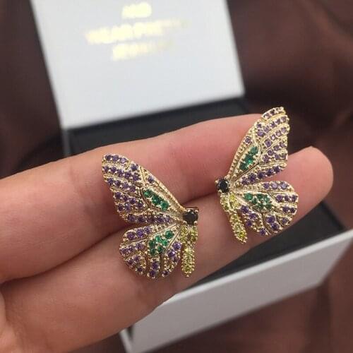 S925 Silver Ear Post Luxury Multicolored Butterfly Stud Earrings Full Pave Zircon CZ Insect Earrings For Women Fashion Jewelry