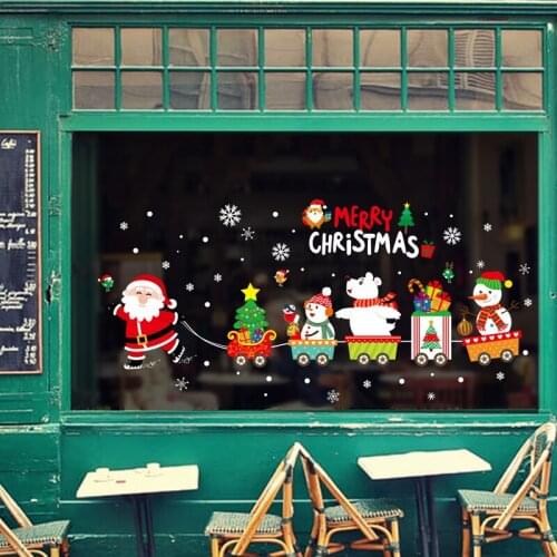 Santa Claus pulls the train Christmas Wall Sticker for Glass window home decoration Mural Decals wallpaper New Year stickers