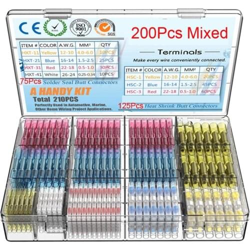 200PCS Heat Shrink Connectors Solder Waterproof Wire Connector Heat Shrink Butt Crimp Terminals Kits Electrical Connectors Set