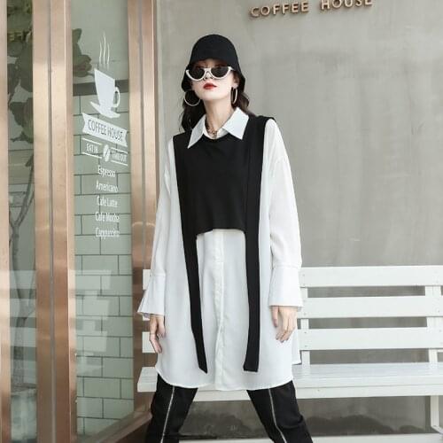 Streetwear 2020 Autumn New Solid Full Turn Down Collar Shirt Cool Irregular Cardigan Two-piece Set Blouse WOmen
