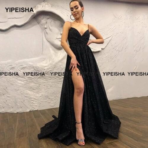 Yipeisha Spaghetti Straps Black Prom Dress Glitter Sequin Side Slit Evening Party Gown Plus Size Robe de Soiree