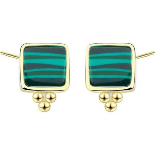 Real 925 Sterling Silver Gold Stud Earrings For Women Statement Elegant Square Malachite Earring Party Accessories Gifts