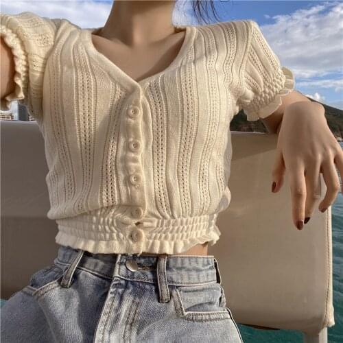 Korean Vintage Cardigans Summer Sweaters V Neck Short Sleeve Single Breasted Stretch Knitted Crop Tops Women Jumpers pull femme