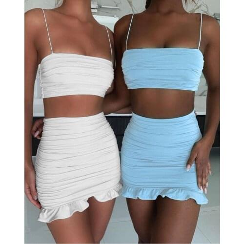 White Women Sexy 2 Piece Set Bodycon Dress Ruffles Off Shoulder Crop Top Summer Dress Casual Short Beach Dress Vestidos 2020