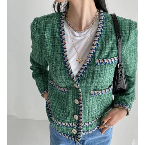 Sannian Spring And Autumn Women Jacket Retro V-neck Woven Edging Single-breasted Loose Long-sleeved Tweed Short Coat Women Tops
