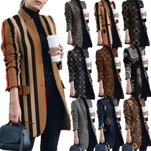 2021 Winter Womens Fashion Coat Stripe Geometric Pattern Casual Plaid Turn-Down Collar Loose Outerwear Keep Warm Office Lady