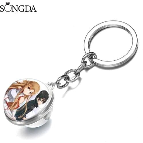 1PC Lovely Cartoon Sword Art Online Key Chain Double Side Art Photo Glass Cabochon Birthday Gift For Women And Men Car Keychain