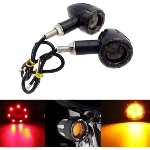 2 Pcs Motorcycle Universal Black Bullet Head LED Amber Turn Signal Indicator Lights Red Brake Stop Lamp Motorbike Accessories