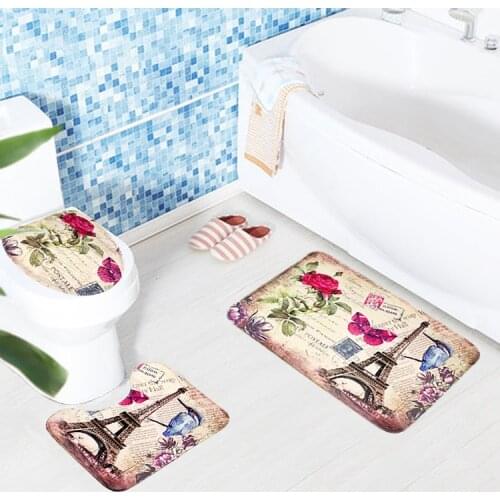 3 pcs/Set Romantic Paris Bath Mat Tower Pattern Flannel Contour Rug Toilet Cover Lid Carpet Bathroom Set mat bathroom accessorie